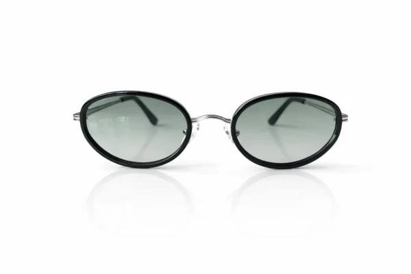 Lunettes de soleil à monture noire ovale et verres teintés gris.