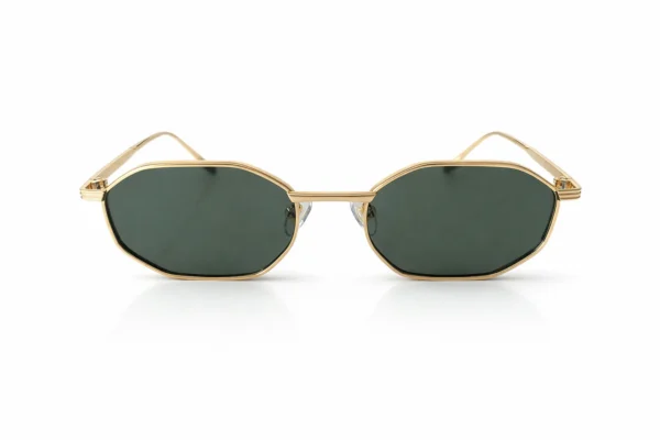 Lunettes de soleil modernes avec monture dorée et verres teintés verts, de forme octogonale.