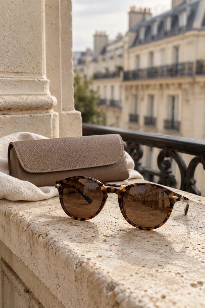 Lunettes de soleil écaille et étui en cuir taupe posés sur un balcon parisien