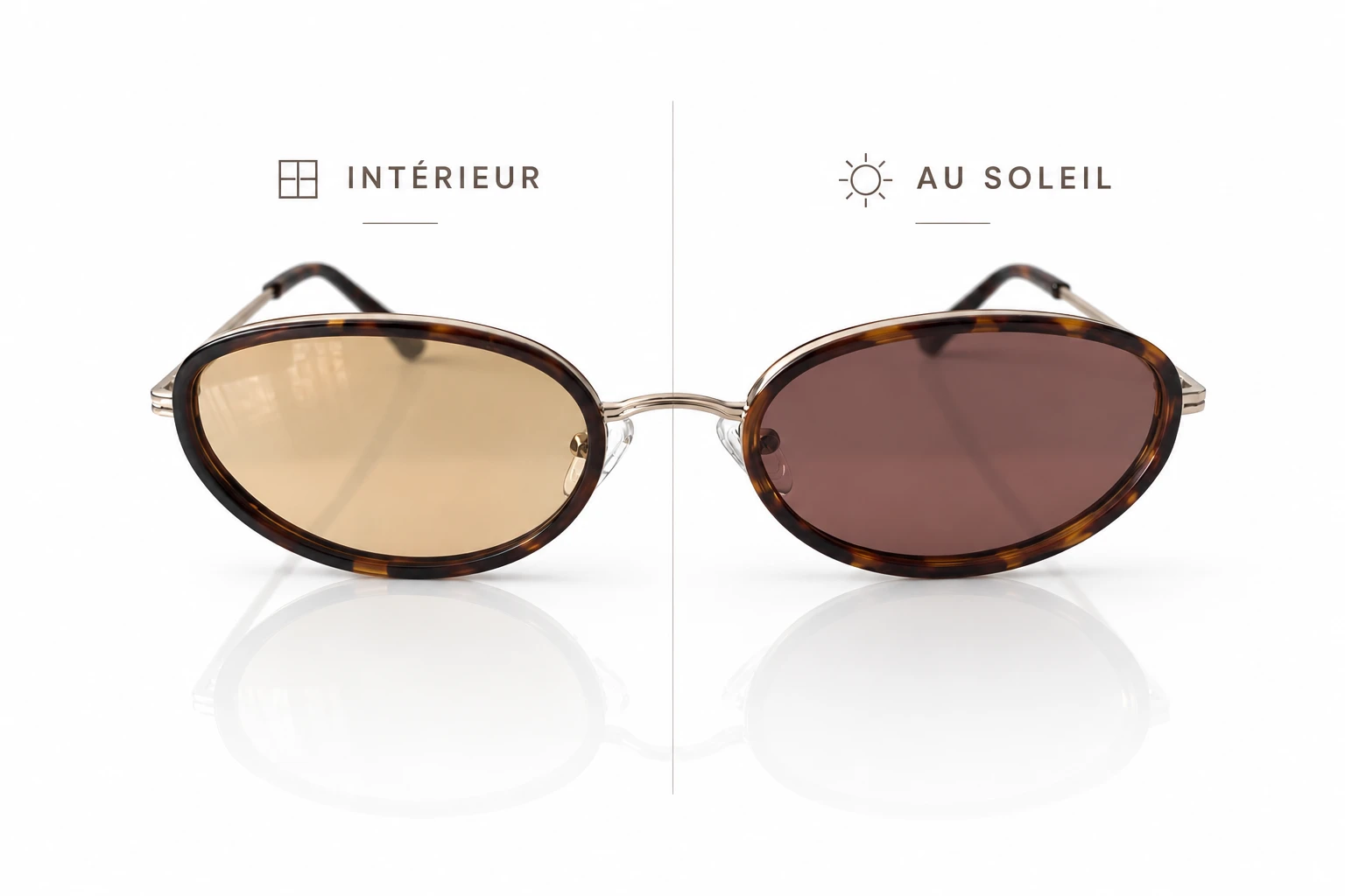 lunettes photochromiques interieur exterieur Lunettes de soleil avec verres photochromiques. Le verre gauche est clair pour l'intérieur, le verre droit est teinté pour le soleil.