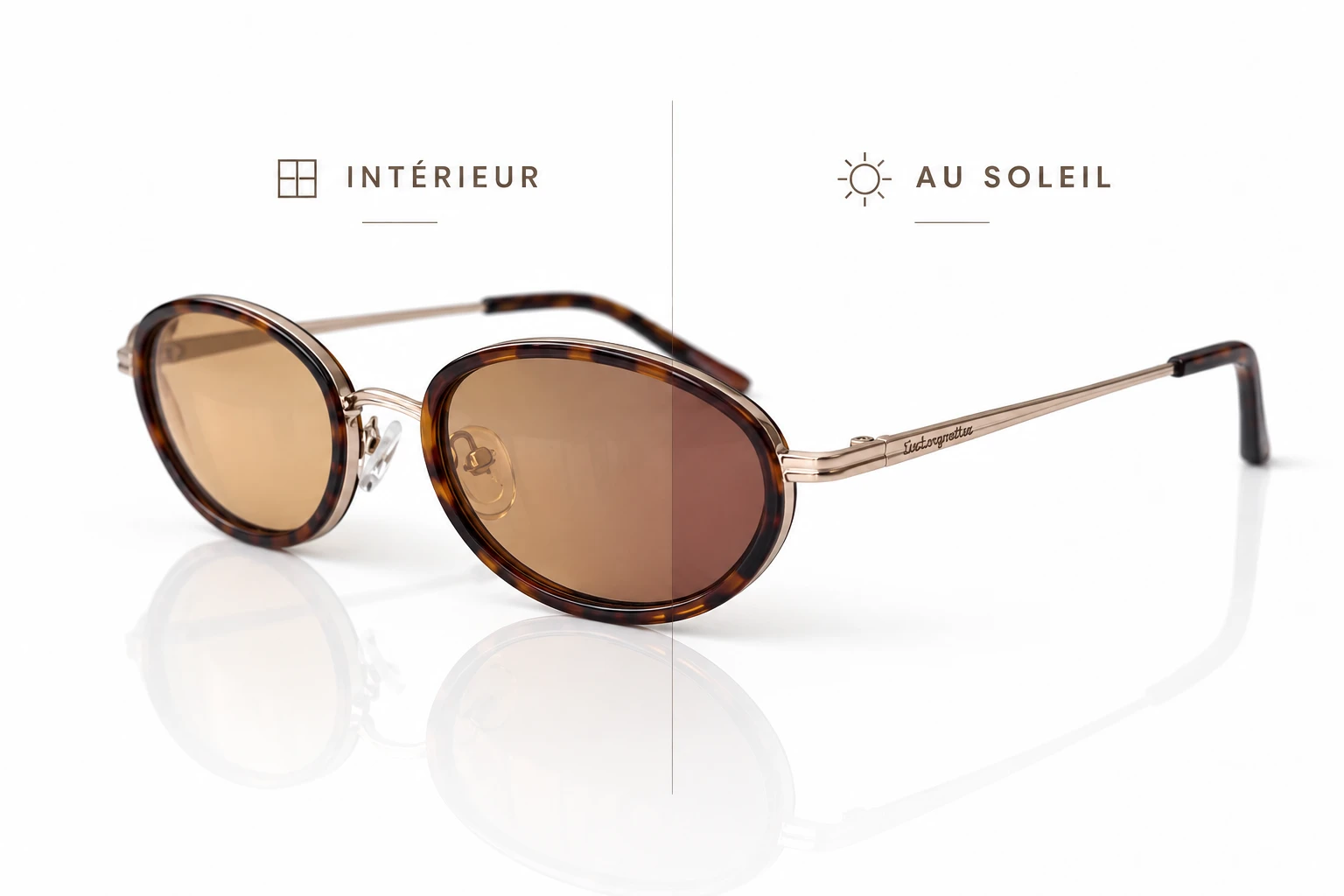 lunettes solaires a double teinte Paire de lunettes de soleil avec monture écaille de tortue et verres photochromiques, montrant leur teinte plus claire à l'intérieur et plus foncée au soleil.